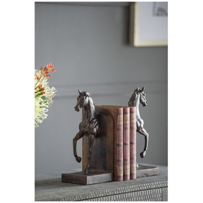 Ensemble de 2 serre-livres cheval en polyrésine brun avec sculpture détaillée