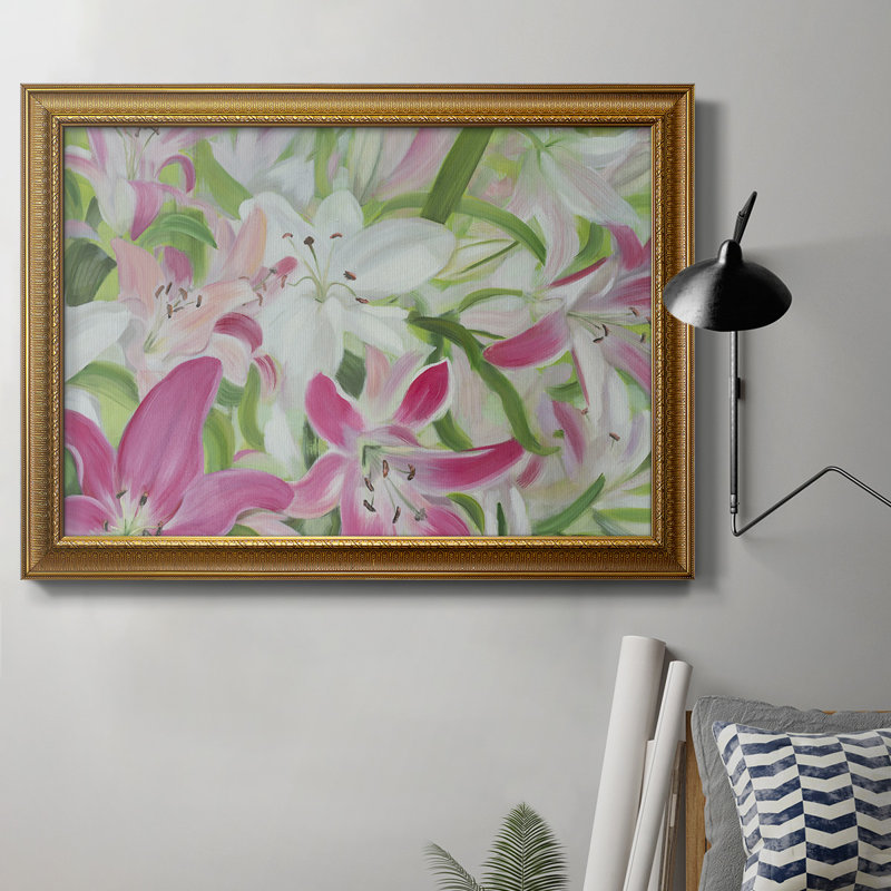 «Pink and White Lilies II», peinture sur toile encadrée, H 24 po x l 36 po
