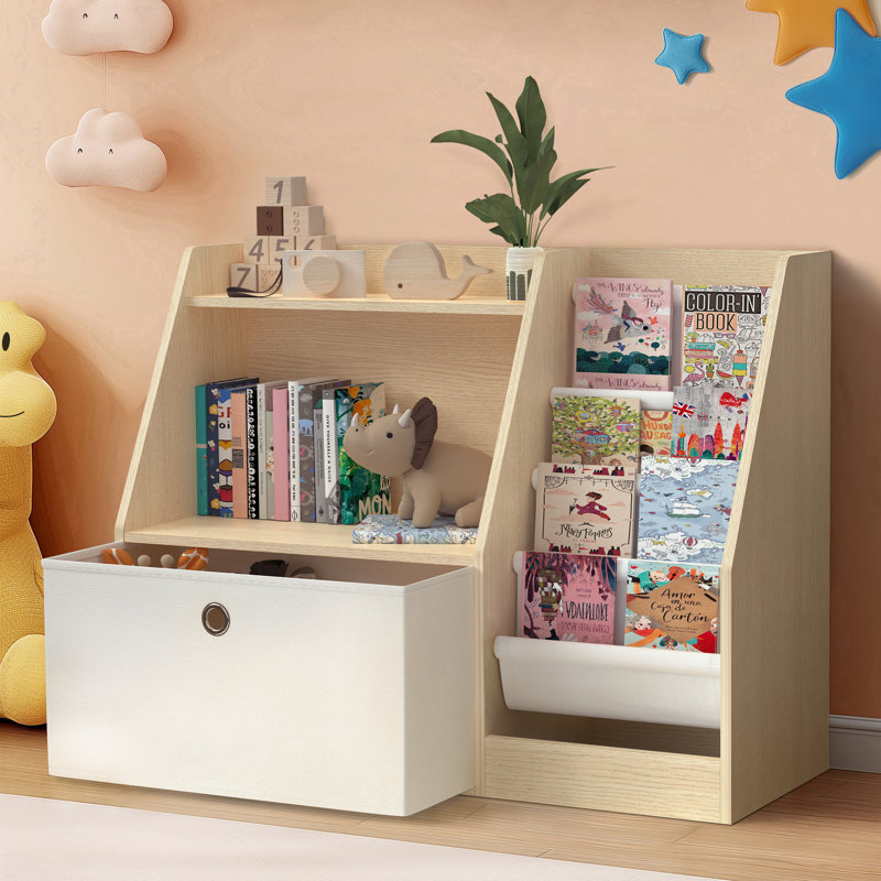Bibliothèque pour enfants en bois naturel à 2 niveaux avec élingues en tissu pour chambre ou salle de jeux, Beige