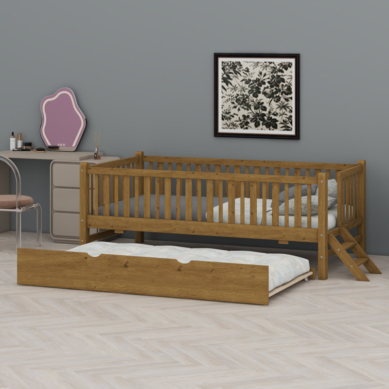 Platform Bed With Guardrail And Trundle, Walnut