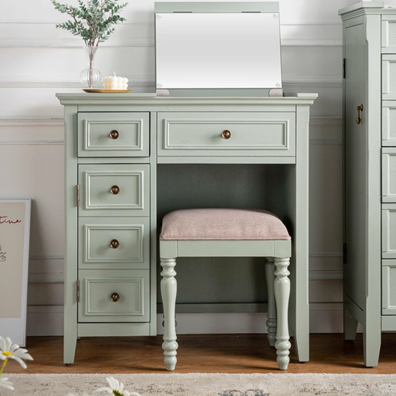 Coiffeuse vintage en bois massif vert avec miroir rabattable