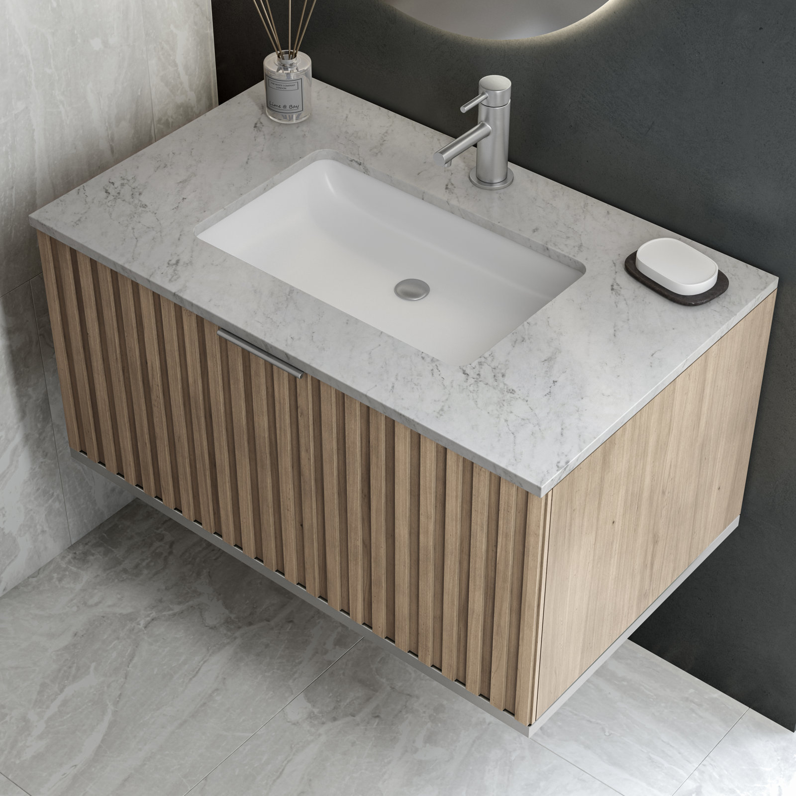 Terra 36'' Single Bathroom Vanity, Carrara Marble/Single Faucet Mount, Cashmere Gray, Brushed Nickel