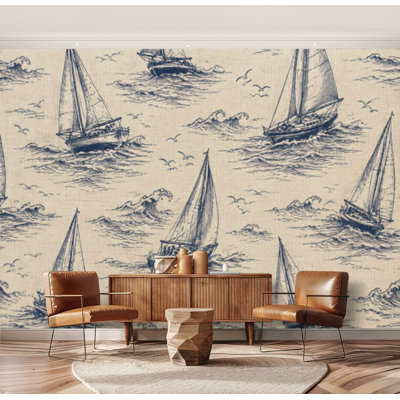 Murale Peler et coller Nautique bleu voilier mer océan bord de mer plage toile de jute marine Grand papier peint autocollant amovible Papier contact mural pour le salon Chambre à coucher H 69 po x l 96 po