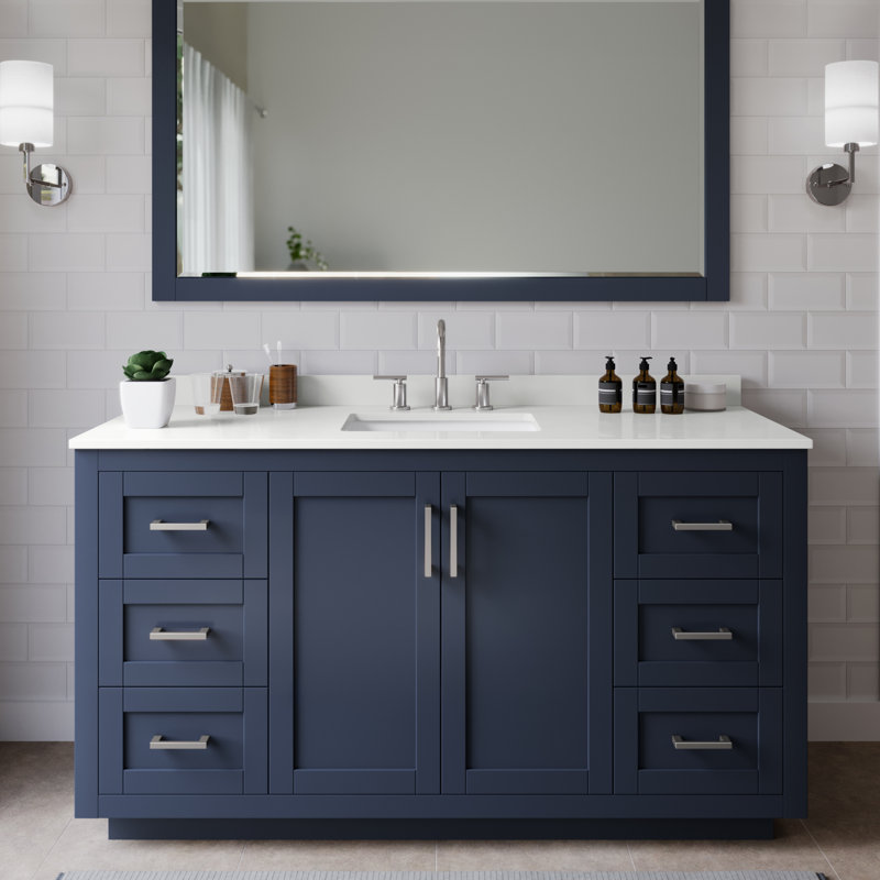 Miranda 60" Freestanding Single Bathroom Vanity with Quartz Top, Dark Blue, White Quartz, Brushed Nickel
