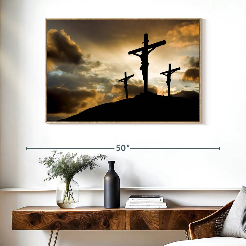 Croix au calvaire, Cadre flottant en bois naturel, 40 po x 27 po