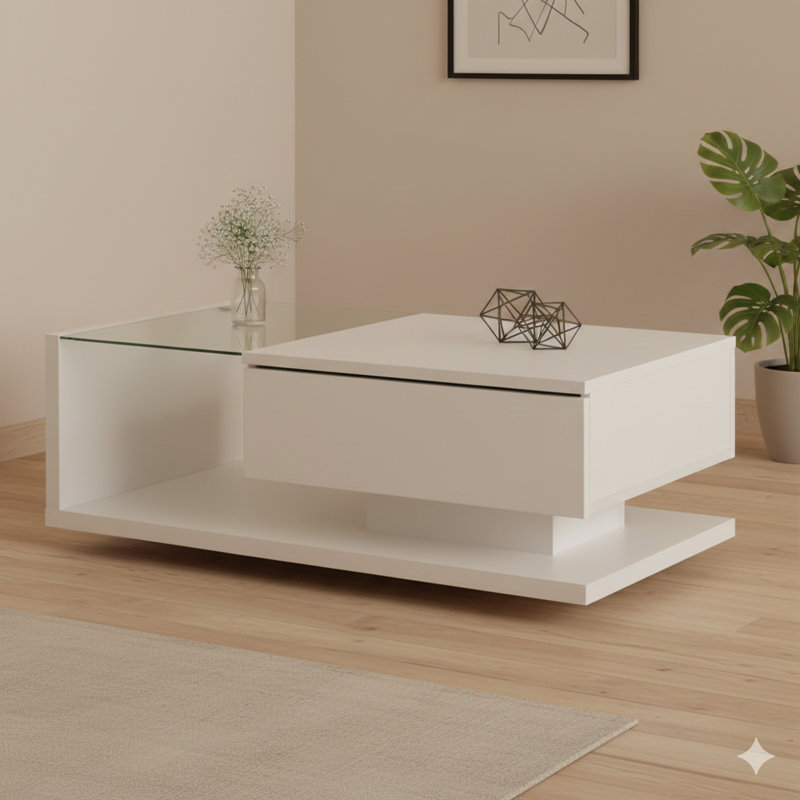 Table basse moderne avec verre trempé, table centrale en bois avec surface UV ultrabrillante, table centrale moderne à 2 niveaux pour le salon, finition blanche
