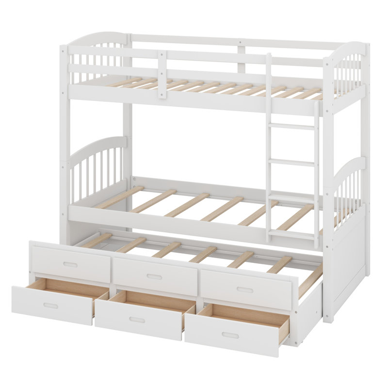 Wood Bunk Bed With Trundle And Drawers, White