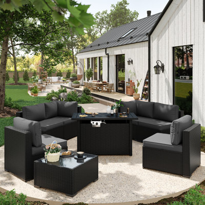 Caradog Wicker 6 - Person Patio Conversation Sets with Cushions, Coffee Table and 44" Fire Pit Table