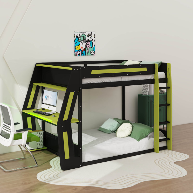 Full-Size Gaming Bunk Bed With Side-Mounted Extra-Large RGB Desk, USB Charging Ports, Cable Grommets And LED Light Strips, Heavy-Duty Esports Loft Frame