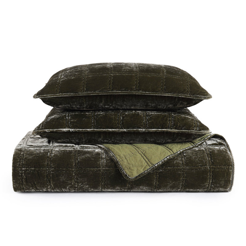 Stella Faux Silk Double Box Stitch Classic Chic Casual Modern Rustic Quilt Set, Fern Green