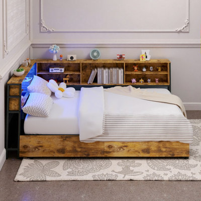 Corner Daybed with Storage Bookcase, Underbed Drawers, LED Lights & Charging Station – Kids Space-Saving Bed Frame