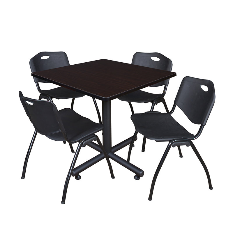 Table de salle de repos carrée Nicklo, chaises empilables 4 M, Cerisier, Noir