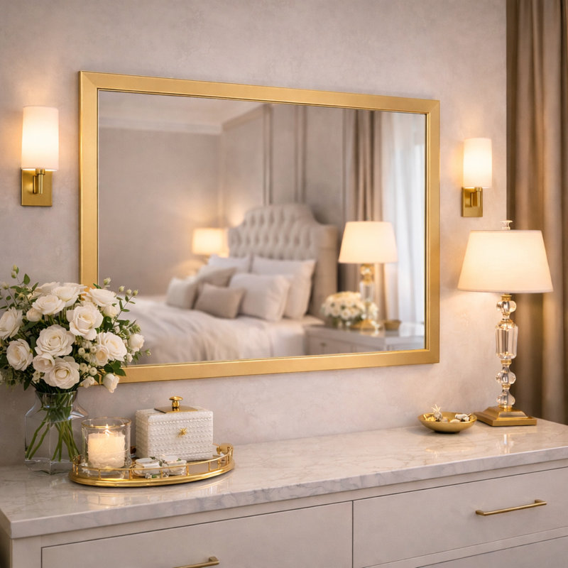 Miroir mural biseauté moderne en métal doré, 39,75 po x 30 po