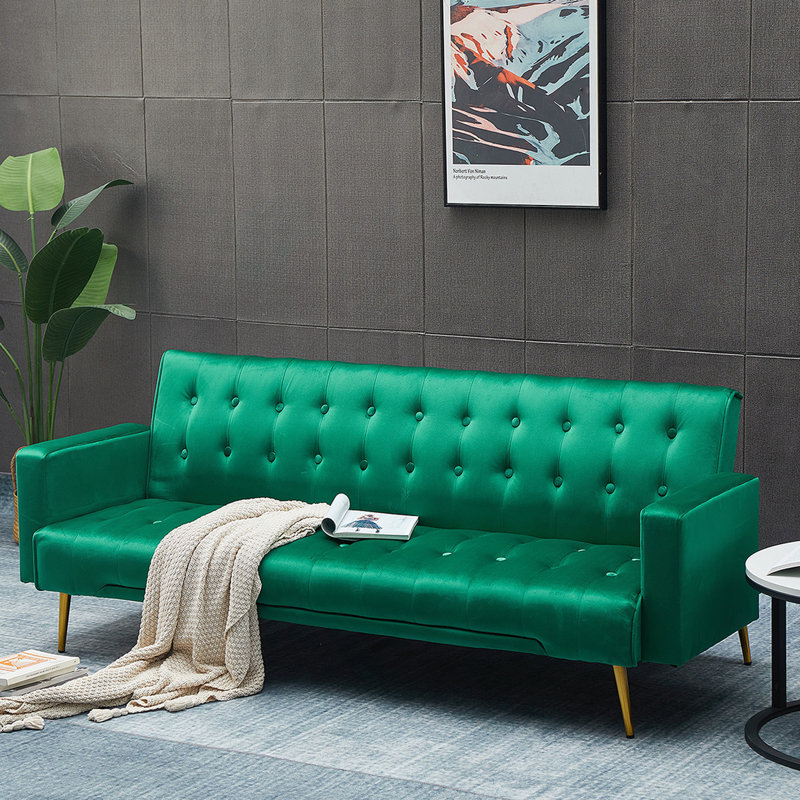 Luxurious Velvet Sofa Bed with Golden Metal Legs, Perfect for Compact Living Spaces and Maximum Comfort., Green