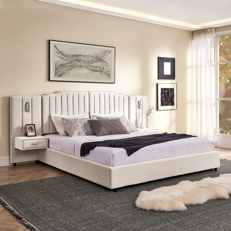 Très grande base de lit tapissier avec tissu en velours, Beige, Très grand lit