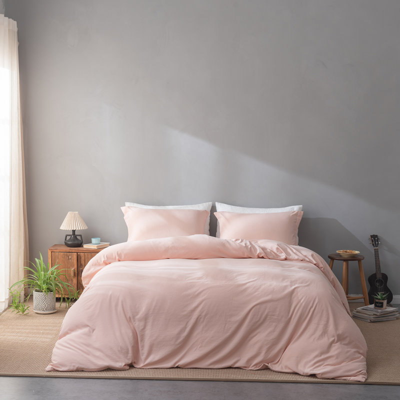  Breathable Washed Microfiber Duvet Cover Set, Queen Duvet Cover + 2 Standard Shams, Mauve Pink