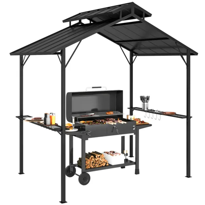 Abri de barbecue 8 po x 5 pi à toit rigide pour barbecue, toit en métal double avec tablettes latérales et crochets pour la cour arrière