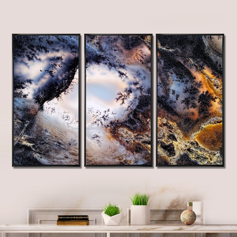 «Moss Agate», ensemble de 3 toiles encadrées en pierre, Cadre noir, H 28 po x l 36 po