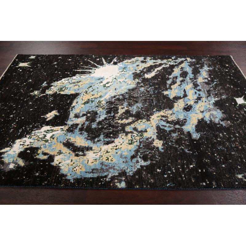 Tapis noir / bleu / beige noué à la main de conception unique 4 pi 7 po x 7 pi 5 po New Age