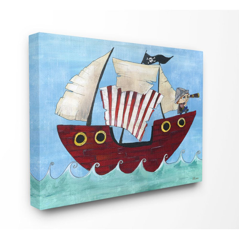 Bateau pirate en mer par Bealook Kids - Peinture, H 16 po x l 20 po, Toile tendue