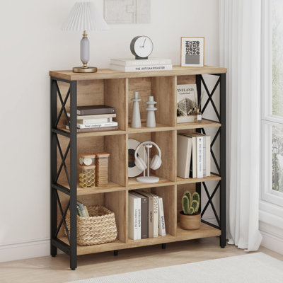 Guinna Rustic 3X3 Cube Bookcase, Wood And Metal 9 Cubby Storage Bookshelf For Living Room Home Office