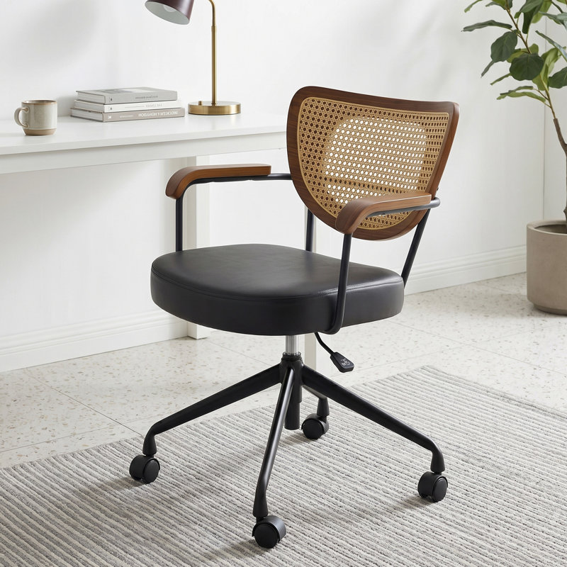 Chaise de bureau Mid-Century moderne, chaise de bureau pivotante réglable avec dossier en rotin PE et siège en similicuir courbé