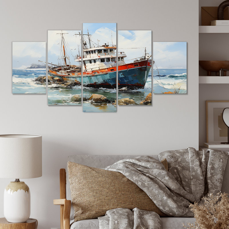 Nautique, bateau, pêche, aventure - Bateau côtier, ensemble de décorations murales multiples