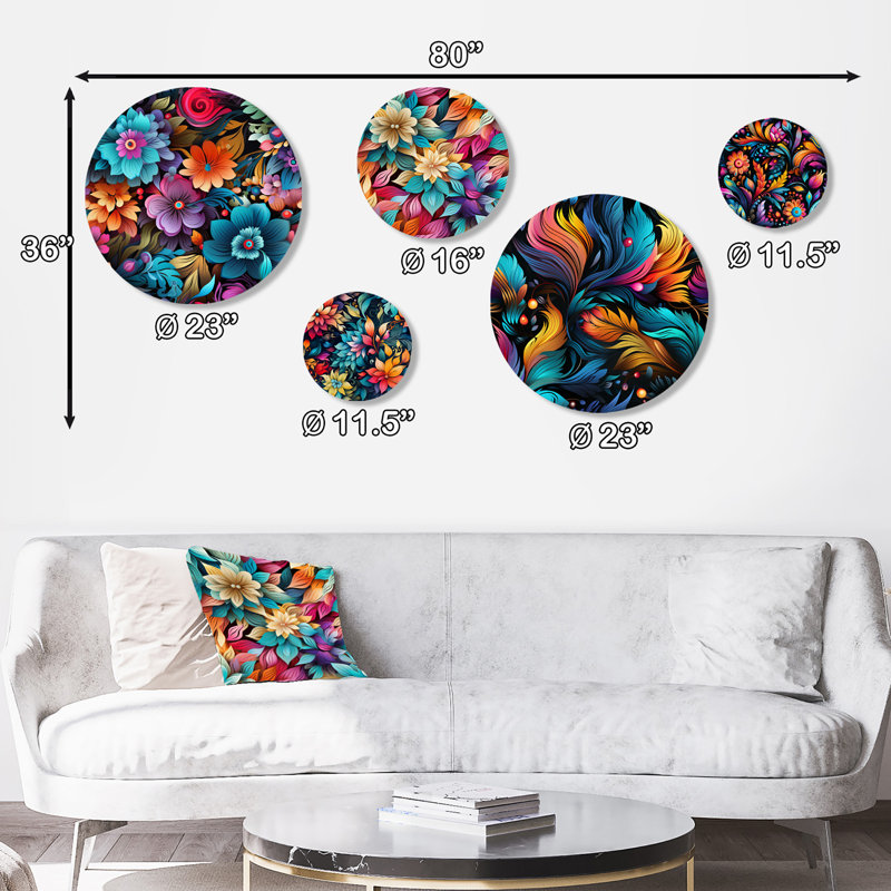 Hemenway - Floral Glam Round Wall Art Set Of 5