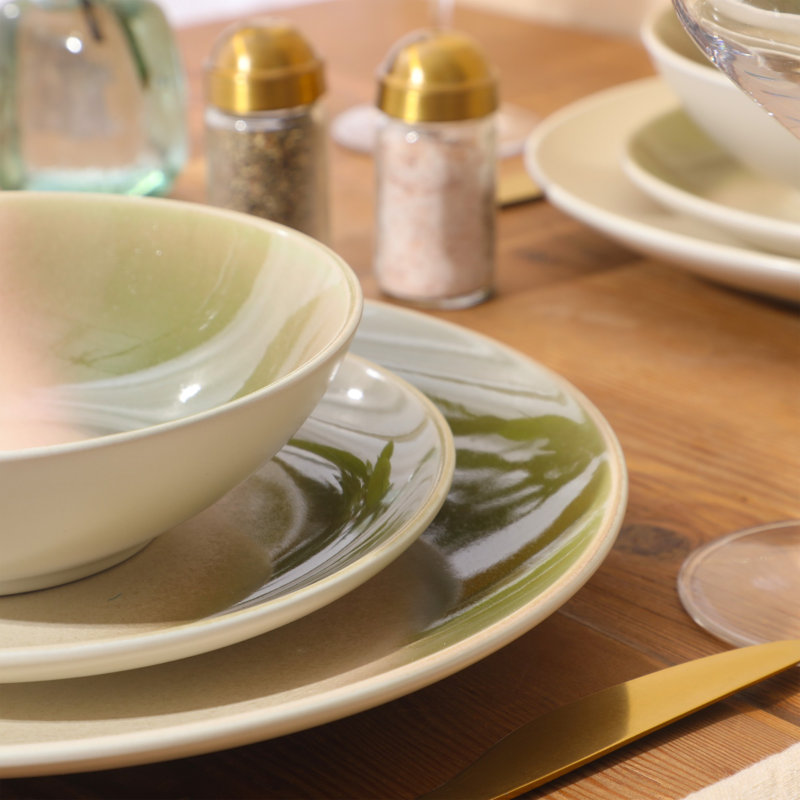 Ensemble d'assiettes et de bols Gibson Elite Crescenton, ensembles de vaisselle en grès vert 12 pièces, ensemble de vaisselle ronde en glacis réactif