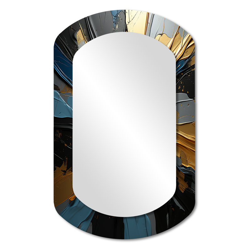Abstract Waves Blue Gold Outburst - Shapes Cylinder Wall Mirror, Gold Asymmetrical Decorative Mirror, Printed Metal Art