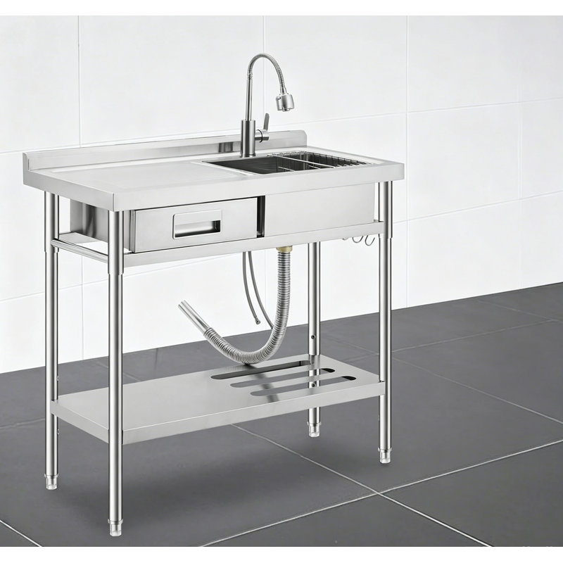 Évier de cuisine autoportant de 39 pouces, évier de cuisine à simple cuve en acier inoxydable avec tablette réglable, rangement de tiroir et tuyau d'eau chaude / froide pivotant à 360 ° pour une utilisation intérieure et extérieure, argent