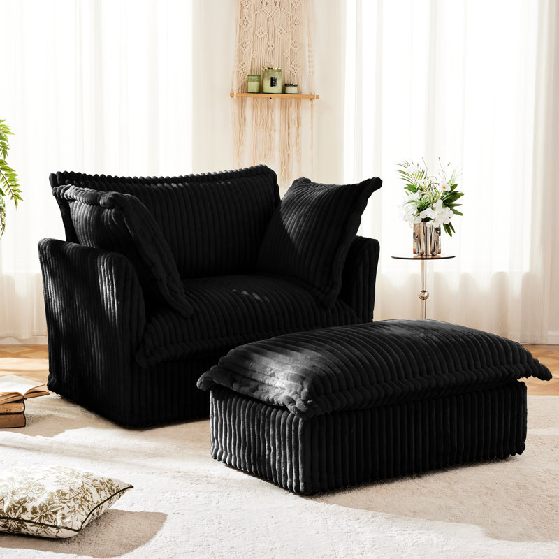 High Back Armchair With - Black Corduroy Upholstery Modern Design
