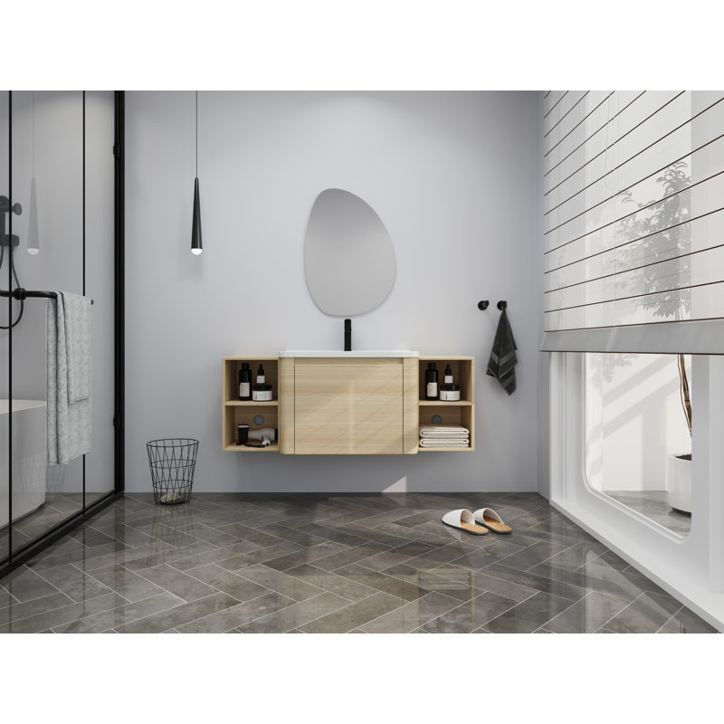 Meuble-lavabo moderne de 52 po avec lavabo intégré en céramique, porte à fermeture en douceur et tablettes ouvertes