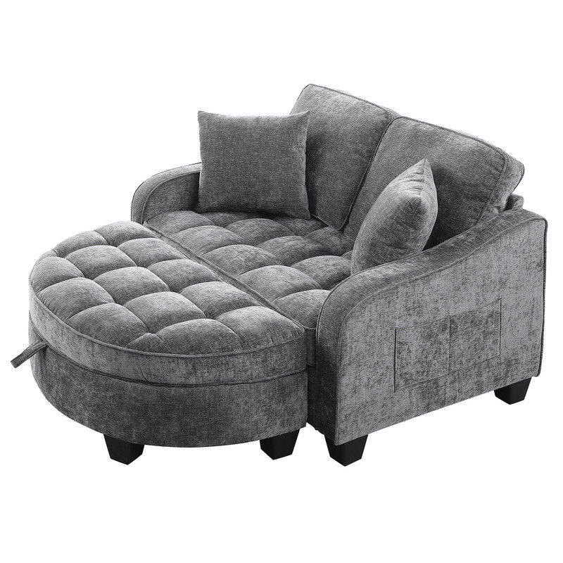 Canapé-lit ergonomique avec repose-pieds de rangement, revêtement en velours côtelé et coussins décoratifs, Gris