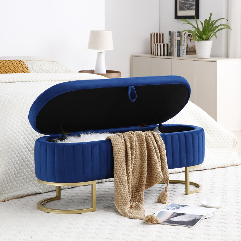 Storage Bench Bedroom Bench, Velvet Oval Upholstered End Of Bed Bench With Golden Metal Legs,50"Modern Storage Ottoman Bench For Bedroom, Living Room,Entryway,Window, Blue