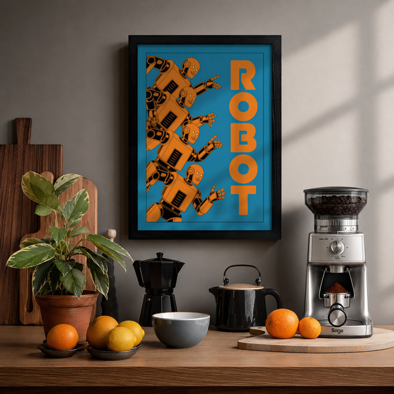 Geometric Robot Retro - Framed Print, A2 - 59.4 x 42.0 cm, Black