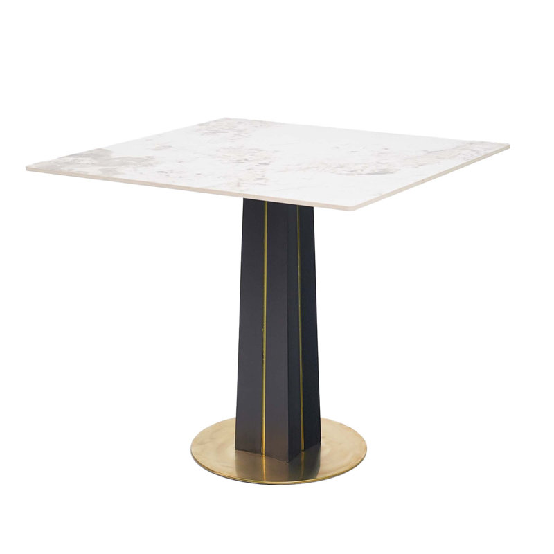 Modern Square Negotiation Table - 85Cm Black Sintered Stone Top, Black Wooden Legs With Golden Metal Base(Only The Negotiation Table)