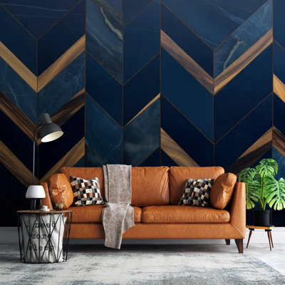 Navy Blue Marble Chevron Geometric Wallpaper With Gold And Wood Accents – Luxury Modern Wall Design