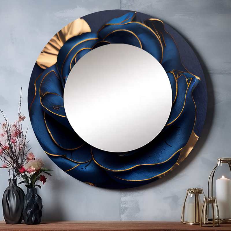 Gilded Rose In Kings Blue III - Rose Decorative Wall Mirror, Blue Round Mirror, Printed Metal Art, 23" x 23"