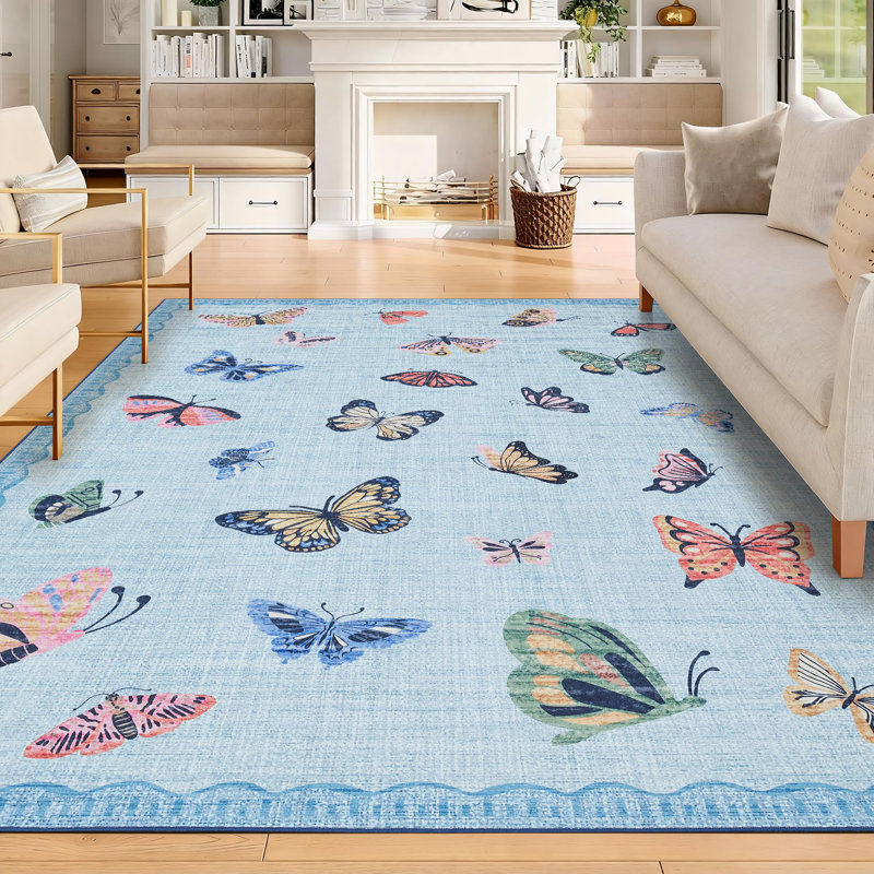  Area Rug 9x12, No Slip Washable, Modern Butterfly Pattern Area Rug, Low-Pile Design Rug, Under Bed Carpet, for Living Room Bedroom Dining Room and Home Office, Light Blue