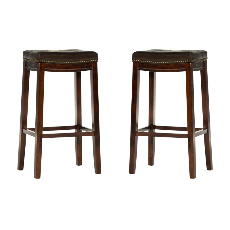 Arlyce 26.5" Solid Wood Backless Counter Stool with Vegan Leather Upholstered Seat, Brown, Bar Stool (32.25" Seat Height)