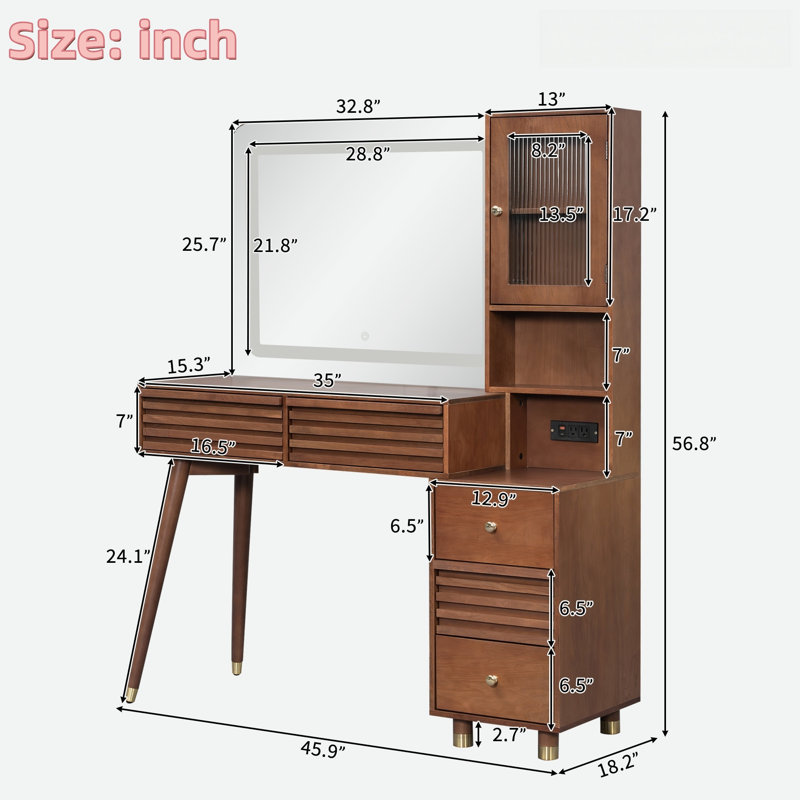 Bureau de maquillage avec miroir et lumières, 5 tiroirs, armoire de rangement en verre cannelé et prise de courant, Espresso
