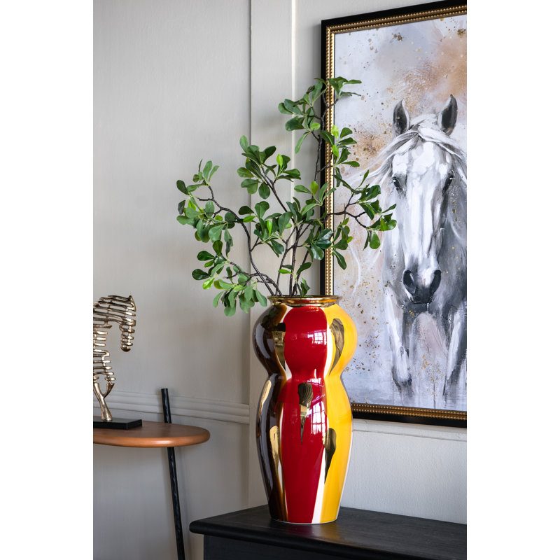 Vase courbé en céramique avec une finition abstraite multicolore, Jaune/gris, H 20,9 po x l 10 po x P 10 po