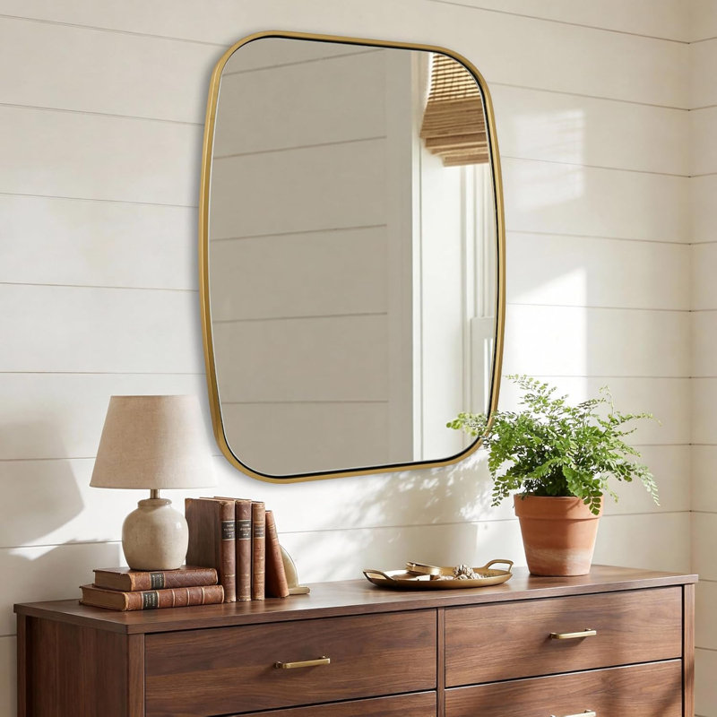 Miroir de salle de bain contemporain | Cadre épais en acier inoxydable, 32 po x 24 po, Or brossé