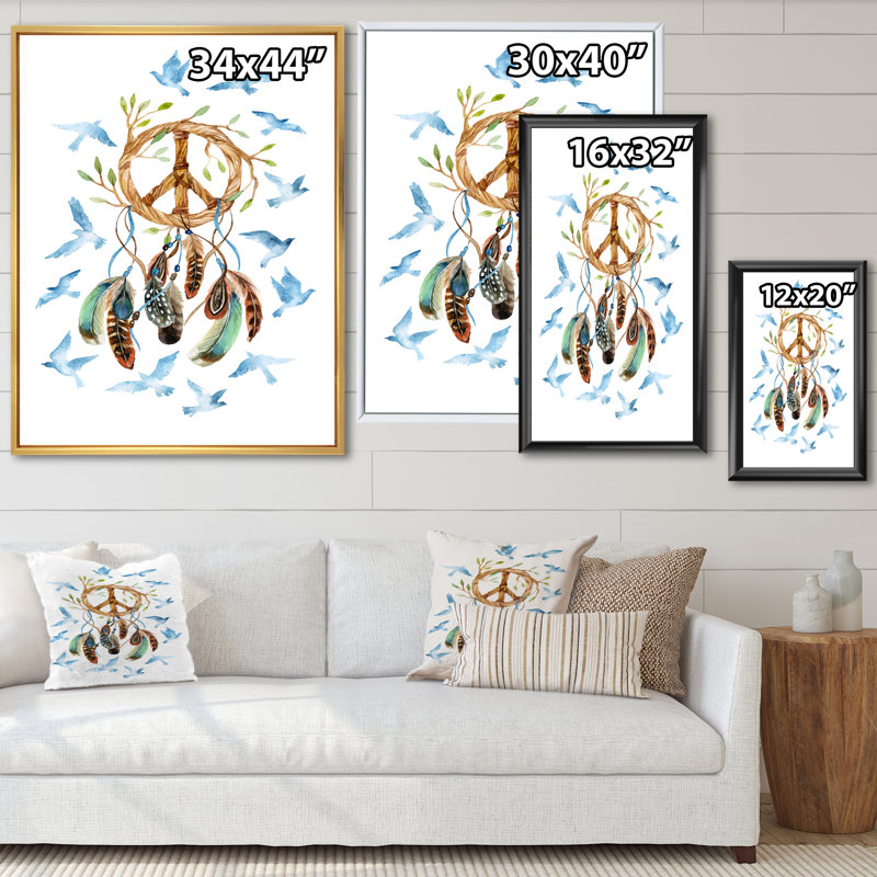 Attrape-rêves et signe de la paix - Peinture sur toile, H 40 po x l 30 po x P 1,5 po, Cadre flottant doré