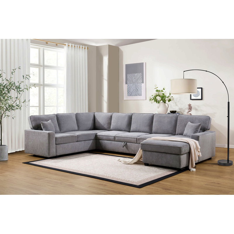 Canapé modulaire en chenille l 137 po Samira avec méridienne orientée à droite, rangement sous le siège et coussins
