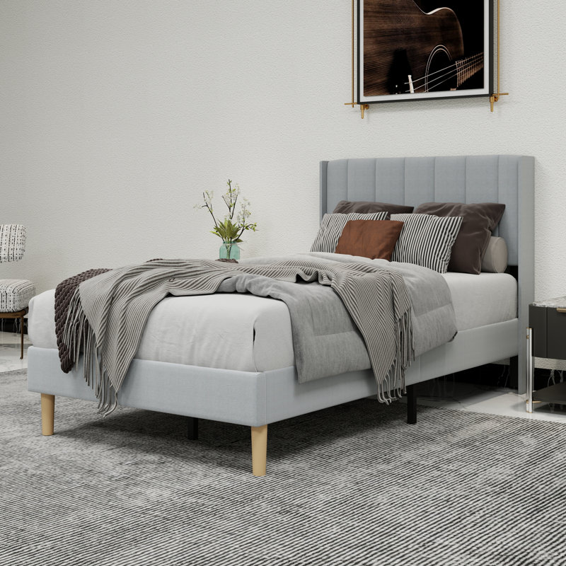 Lit plateforme tapissier avec tête de lit, Gris pâle, Simple