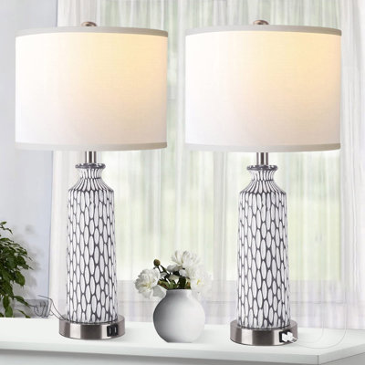Lampe de table de salon, lampe de chevet de chambre à coucher (ensemble de 2) avec port USB, commande tactile de gradation à 3 voies, lampe de chevet moderne en résine blanc-gris avec ampoule à DEL 2700K