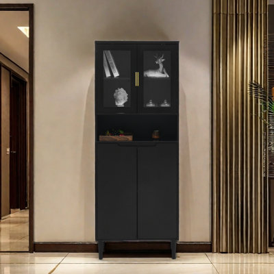 63"H Elegant Tall Storage Show Cabinet with 2 Glass Display Doors & 2 Doors, Kitchen Pantry Cabinet