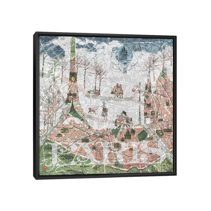 «Paris, Old Map», impression sur toile, H 18 po x l 18 po x P 1,5 po, Pas de tapis, Toile avec cadre noir